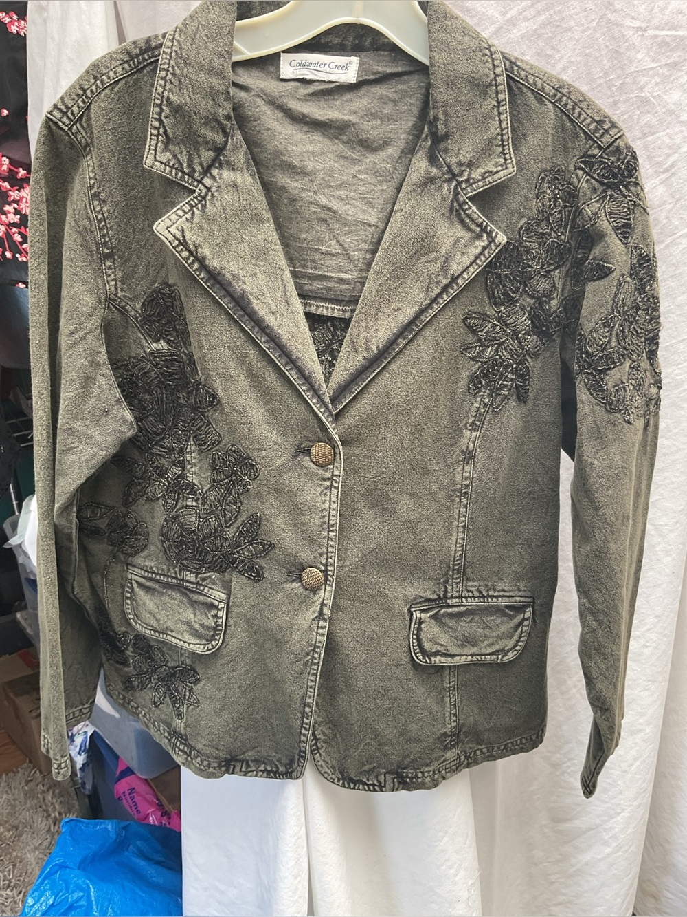 Coldwater Creek Olive Green Embroidered Cotton Blazer
